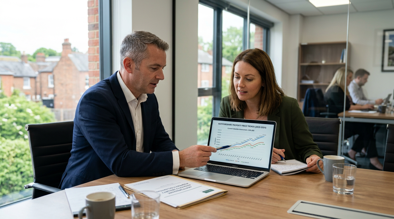 Property valuation assessment with surveyor and homeowner reviewing price data in Watford