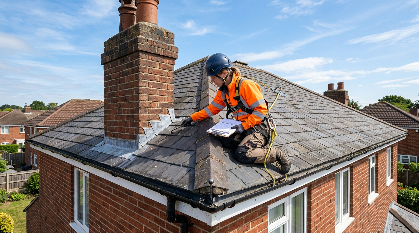 Professional surveyor inspecting roof tiles and chimney during property survey in Hertfordshire