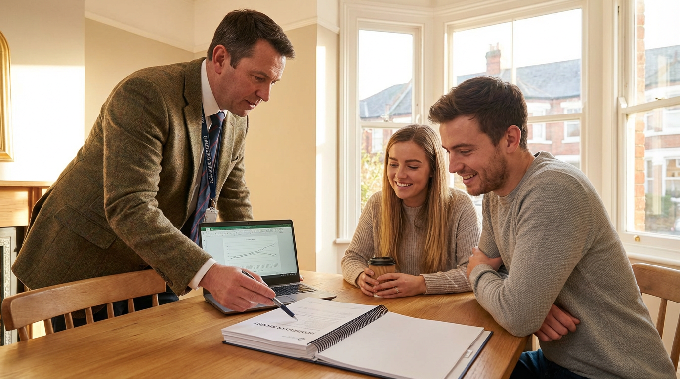 Chartered surveyor from Watford Surveyors presenting detailed property report to homebuyer couple